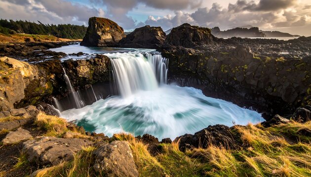 Waterfall cascading into a pool, surrounded by dramatic rocks and coastline