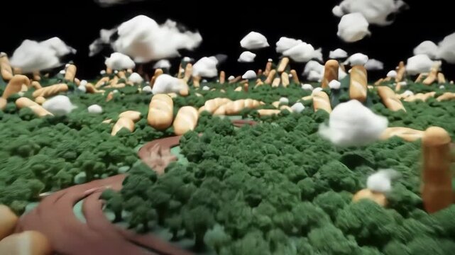 Whimsical Miniature Forest Landscape with Baguette Trees and Fluffy Cloud Elements
