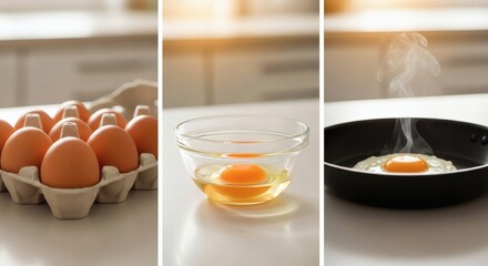 A triptych showcasing the journey of eggs from carton to a sizzling fried egg in a pan, highlighting preparation and cooking.