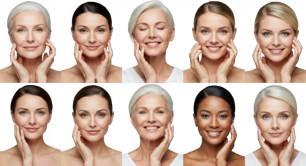 A collage of diverse women of different ages and ethnicities, all with hands on their cheeks, isolated on transparent background