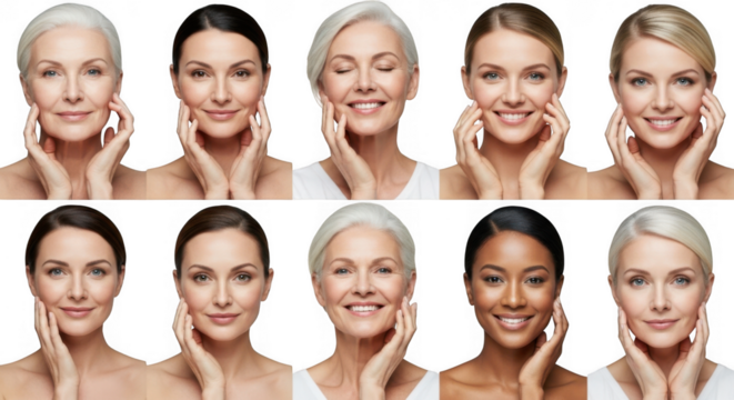A collage of diverse women of different ages and ethnicities, all with hands on their cheeks, isolated on transparent background - Powered by Adobe