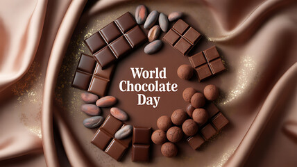 World Chocolate Day celebration with assorted chocolates arranged in a circular pattern on a satin background