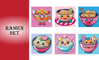 Fototapeta premium Cute kawaii ramen bowls set of six adorable japanese noodle soup food characters vector set