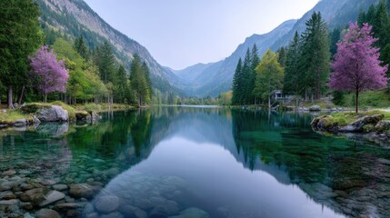 Cinematic Mountain Lake Reflection Landscape with Pink Trees Green Foliage and Rocky Terrain Under Crystal Clear Sky