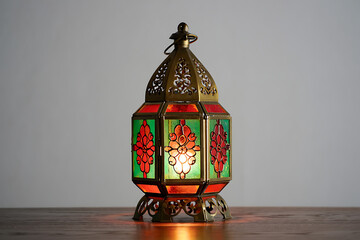 Ornate Brass Lantern with Red and Green Stained Glass Panels Illuminated metal isolated on a transparent background