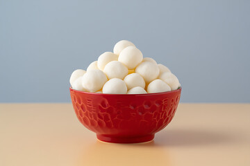 Red Bowl Overflowing with White Mochi Balls Against Blue and Beige Background japanese food isolated on a transparent background