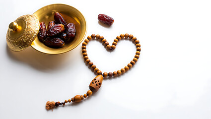 Dates in a Golden Bowl and Heart- Shaped Prayer Beads on White Surface dried fruit isolated on a transparent background
