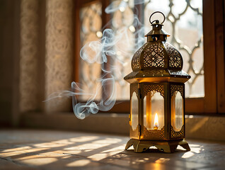 Ornate Golden Lantern with Flickering Flame and Wisps of Smoke Indoors brass metal isolated on a transparent background