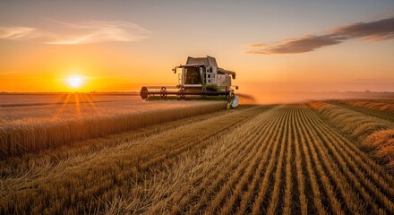 Fototapeta premium Combine Harvester Working in a Wheat Field at Golden Sunset, Agricultural Machine Harvesting Ripe Crops During Sunrise