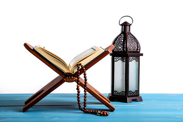 Open Quran on a Wooden Stand with Prayer Beads and Lantern Keywords: Quran, Islamic, book, stand, wooden, prayer isolated on a transparent background