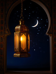 Ornate Islamic Lantern Hanging in an Archway Against a Starry Night Sky Keywords: Ramadan, Islamic, lantern, night isolated on a transparent background