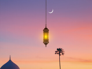 Ornate lantern hanging in front of a pastel sky with crescent moon and palm tree isolated on a transparent background