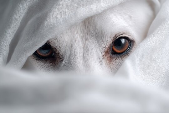 Close-up of a white dog's face, eyes peering out from white fabric