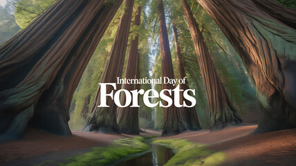 International Day of Forests celebrated with a serene forest scene featuring towering trees and a reflective stream.