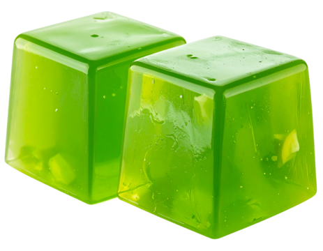 Two bright green, square, translucent candies