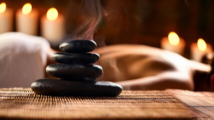 Smooth black basalt stones placed on the back of a client, soft steam rising, warm ambient light with golden and brown tones, bamboo mats and candles in background, close-up perspective focusing on te