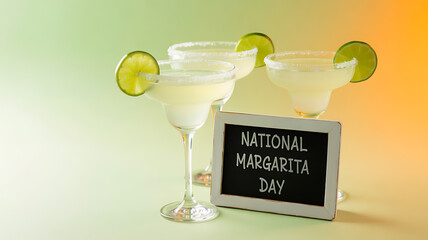 Three margarita cocktails with lime garnishes and a chalkboard sign reading 'National Margarita Day' on a gradient background