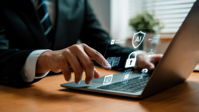 Professional cybersecurity expert securing laptop with AI and encryption, offering peace of mind and data protection for your business, modern technology
