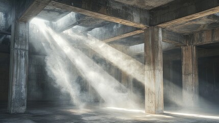 Sunlight beams in abandoned industrial interior