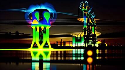 Abstract art of power plant expressed as glowing geometry