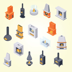Isometric Minimalist Fireplace and Stove Collection for Interior Design Element