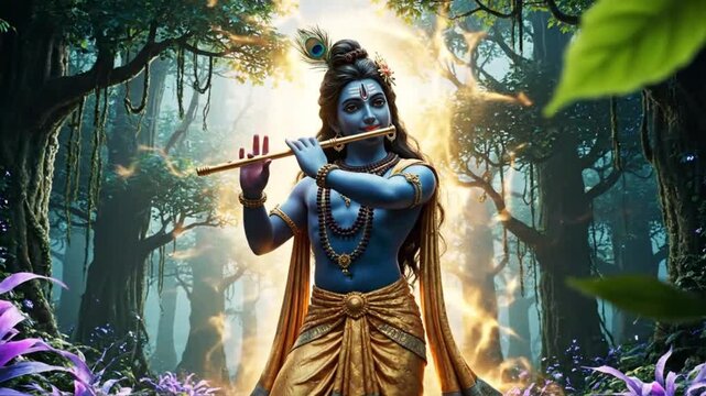 Digital illustration of Lord Krishna playing a flute in a mystical forest with warm golden light and vibrant purple flowers.
