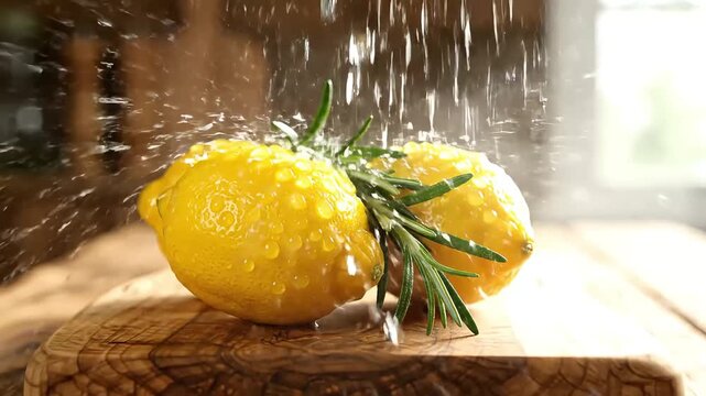 Fresh lemons and rosemary being washed with water on wooden surface creating a zesty and natural culinary scene