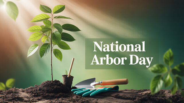 National Arbor Day celebration with a young tree planted in soil, gardening tools, and green foliage in a natural setting