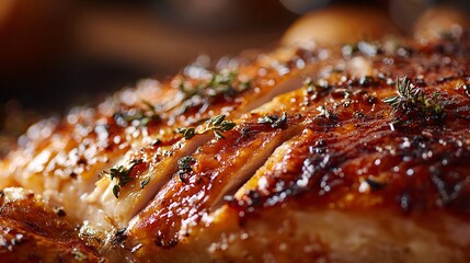 Close-up texture golden brown roasted turkey skin herbs thanksgiving crispy glistening food macro.