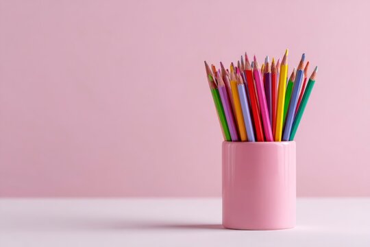 A pink pen holder is filled with various colored pencils against a matching pastel pink backdrop