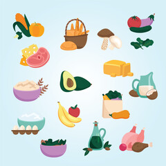 Flat Style Various Food Item Still Life Isolated Composition Illustration