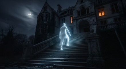 Ethereal figure ascends stone steps toward an old manor house bathed in moonlight