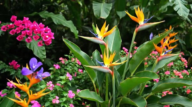 Lush garden scene with vibrant bird of paradise flowers orchids bougainvillea and various colorful blossoms amidst dense foliage