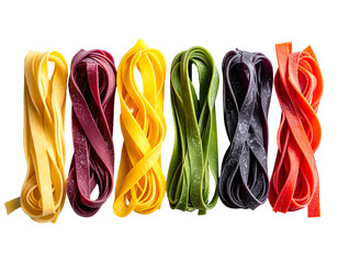 Colorful pasta strands arranged in a rainbow pattern