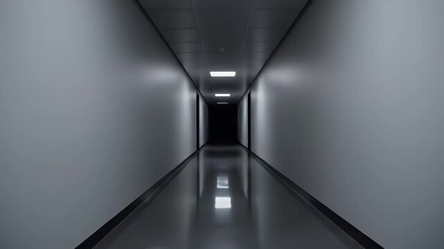 Dark and Empty Modern Office Hallway with Overhead Fluorescent Lights and Reflective Floor