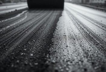Urban Construction  Asphalt Paver, Black Asphalt, Heat Waves, Low Angle, Industrial Texture, Monochrome