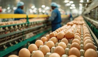 Eggs being processed in a modern factory.  Workers sorting and handling