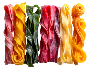 Colorful pasta strands in various shades