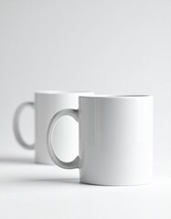 Obraz premium A minimalist product shot of two blank white ceramic mugs with handles, isolated on a bright white studio background with copy space