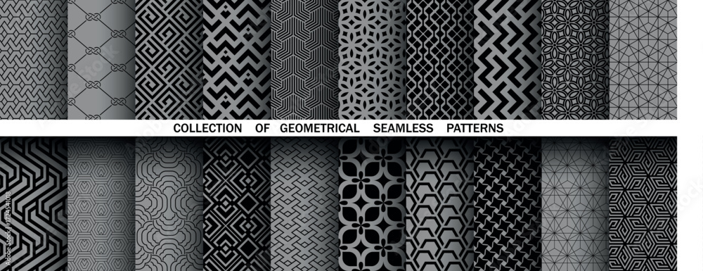 Poster geometric set of seamless black and gray patterns. simple vector graphics