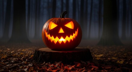 Obraz premium Glowing jackolantern on a stump in a dark misty forest setting