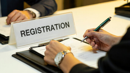 Easy registration process for a conference meeting or event, sign-up form for attendees, filling out paperwork with a pen at a registration desk