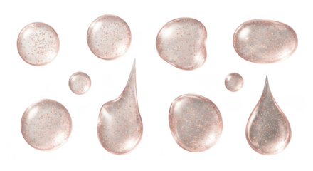 A collection of shimmering liquid drops and blobs with glitter, isolated on a transparent background