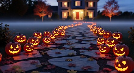Glowing jackolanterns line a stone path leading to a house set against a foggy dusk backdrop