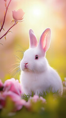 White rabbit pink flower green grass sunlight soft focus spring outdoor cute animal nature gentle atmosphere peaceful mood