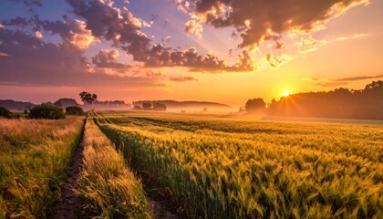 Sunrise over a golden wheat field. A picturesque landscape of a field of wheat stretching out to a sunrise
