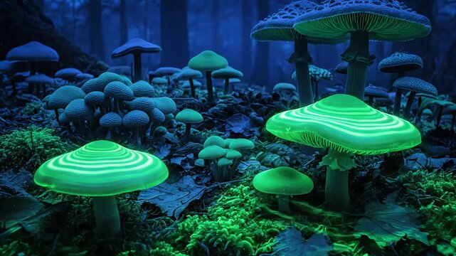 Enchanted woodland scene with vibrant bioluminescent mushrooms illuminating a dark, mystical forest floor