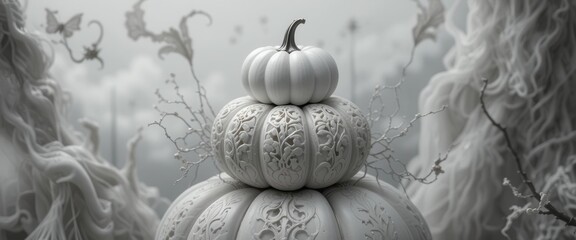 Ghostly Elegance  Pristine White Pumpkin Adorned with Detailed Carvings, On Top of A Hollowed Out Pumpkin