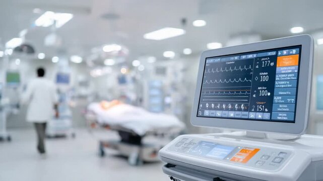 Intensive Care Unit Monitor: A contemporary intensive care unit pulses with life, the screen of a medical monitor illuminating critical signs.
