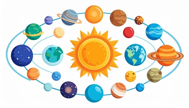 Cartoon illustration of the solar system with the sun at the center and various planets and celestial bodies orbiting it.